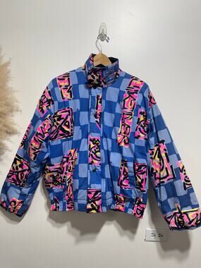 Vintage 90’s Quiksilver Australia Bomber Jacket Blue Neon Pink Checkerboard Sz S